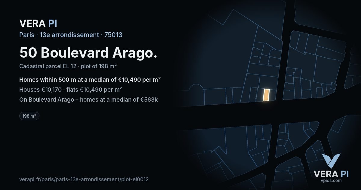 50 Boulevard Arago, 13e arrondissement at night – the plot lit, the parcels around coloured by the prices near them