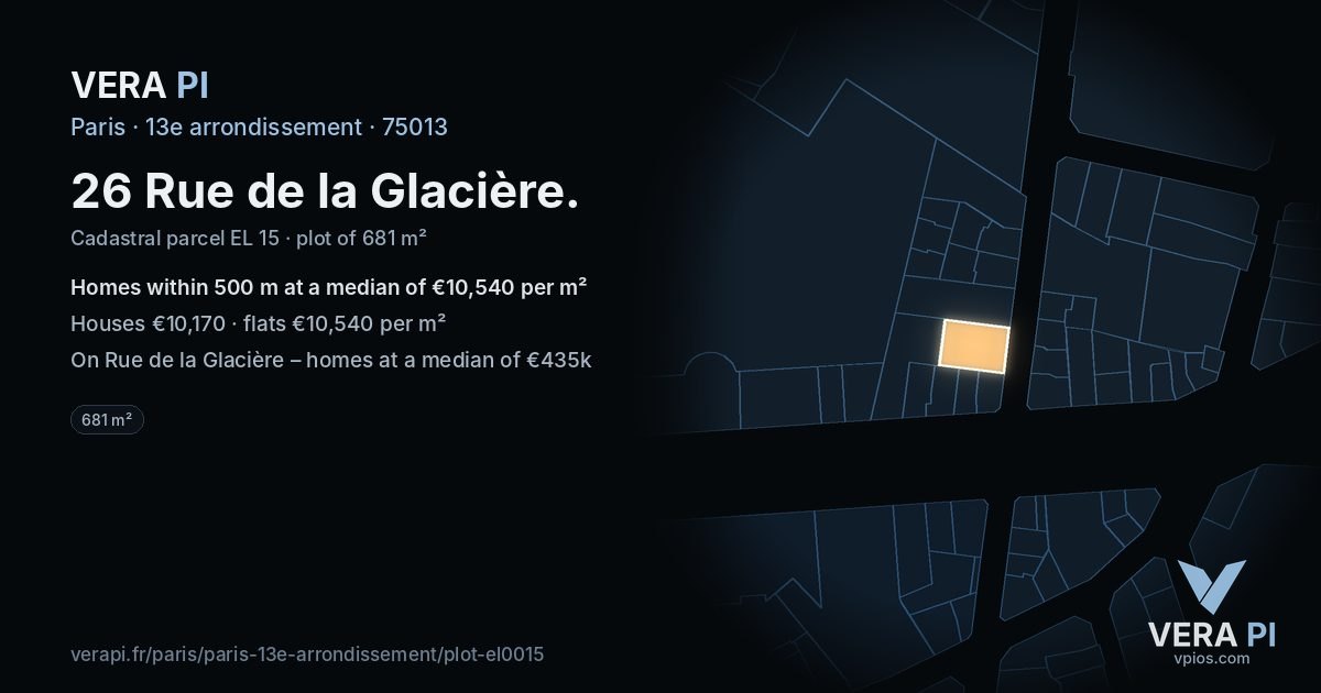 26 Rue de la Glacière, 13e arrondissement at night – the plot lit, the parcels around coloured by the prices near them