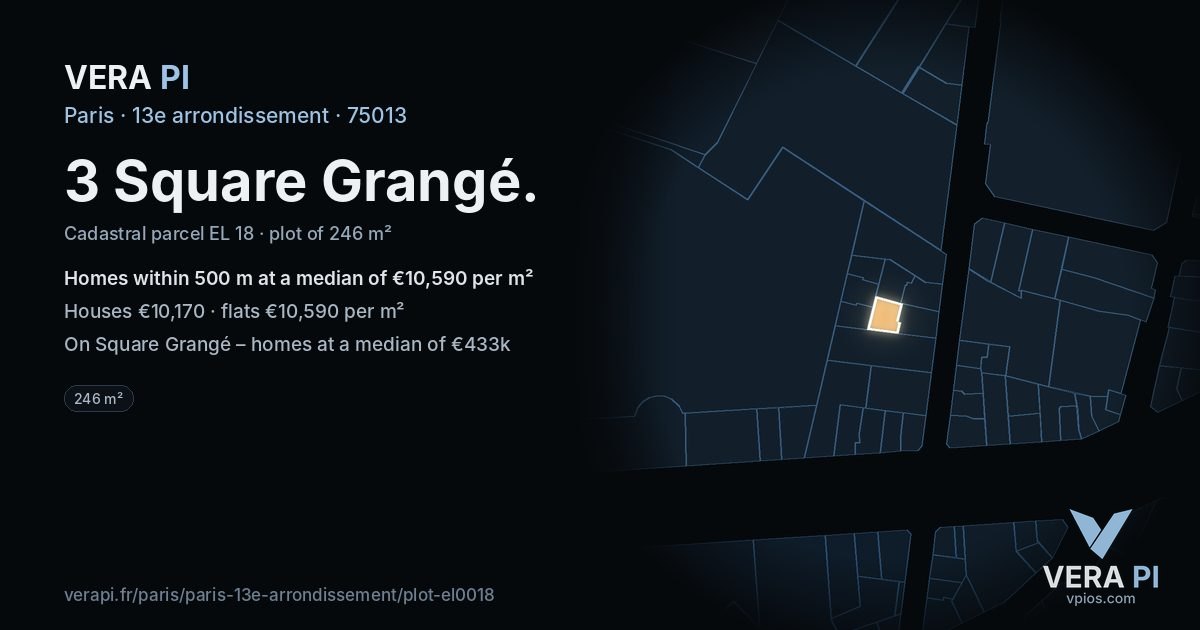 3 Square Grangé, 13e arrondissement at night – the plot lit, the parcels around coloured by the prices near them