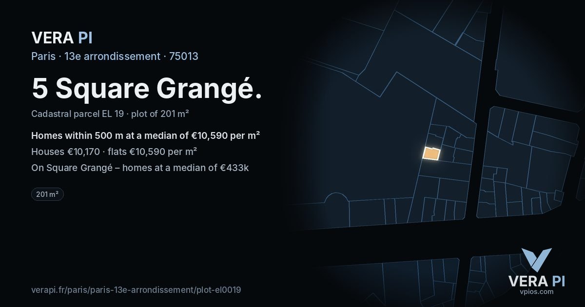 5 Square Grangé, 13e arrondissement at night – the plot lit, the parcels around coloured by the prices near them