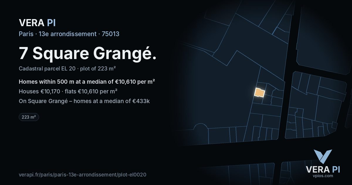 7 Square Grangé, 13e arrondissement at night – the plot lit, the parcels around coloured by the prices near them