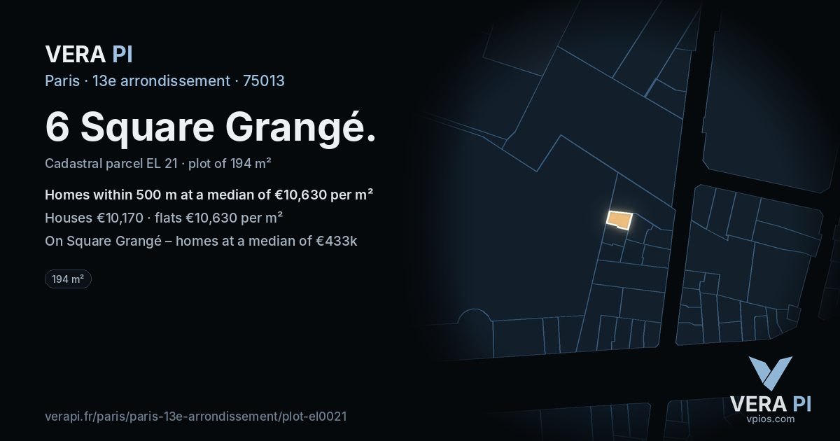 6 Square Grangé, 13e arrondissement at night – the plot lit, the parcels around coloured by the prices near them