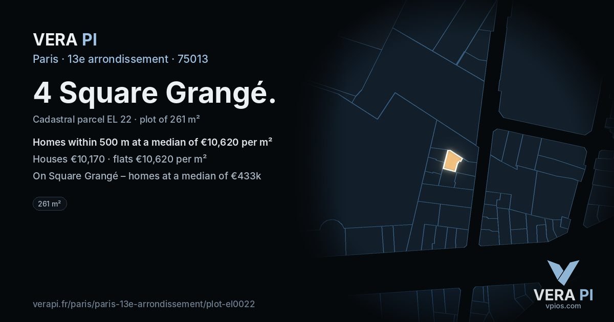 4 Square Grangé, 13e arrondissement at night – the plot lit, the parcels around coloured by the prices near them