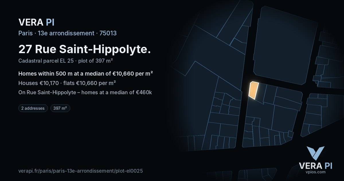 27 Rue Saint-Hippolyte, 13e arrondissement at night – the plot lit, the parcels around coloured by the prices near them