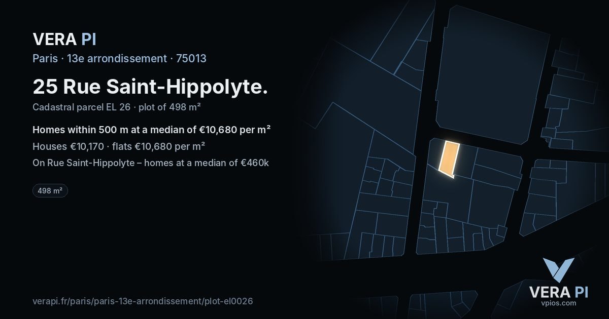 25 Rue Saint-Hippolyte, 13e arrondissement at night – the plot lit, the parcels around coloured by the prices near them