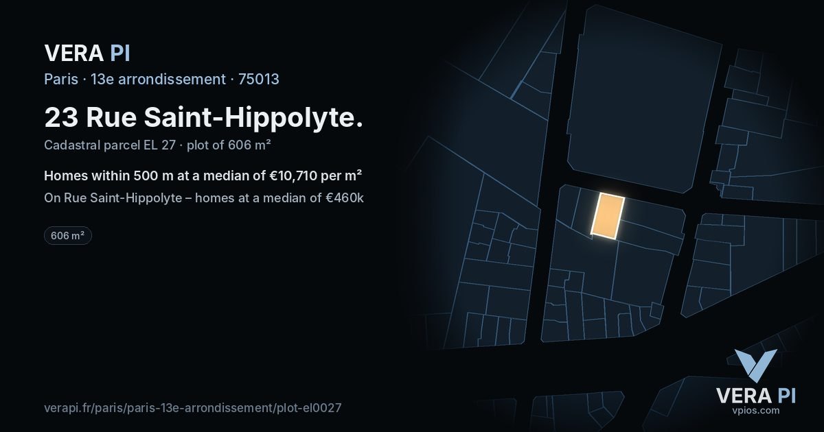 23 Rue Saint-Hippolyte, 13e arrondissement at night – the plot lit, the parcels around coloured by the prices near them