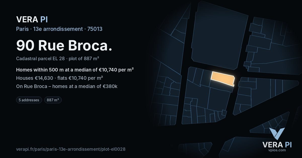 90 Rue Broca, 13e arrondissement at night – the plot lit, the parcels around coloured by the prices near them