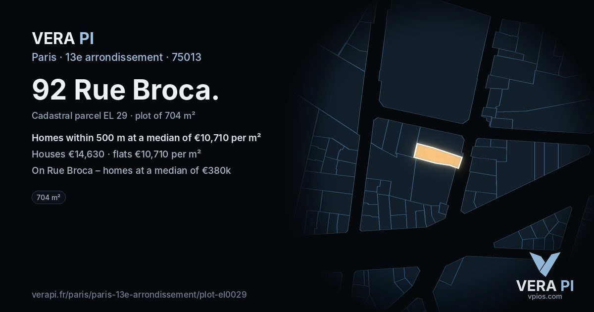 92 Rue Broca, 13e arrondissement at night – the plot lit, the parcels around coloured by the prices near them