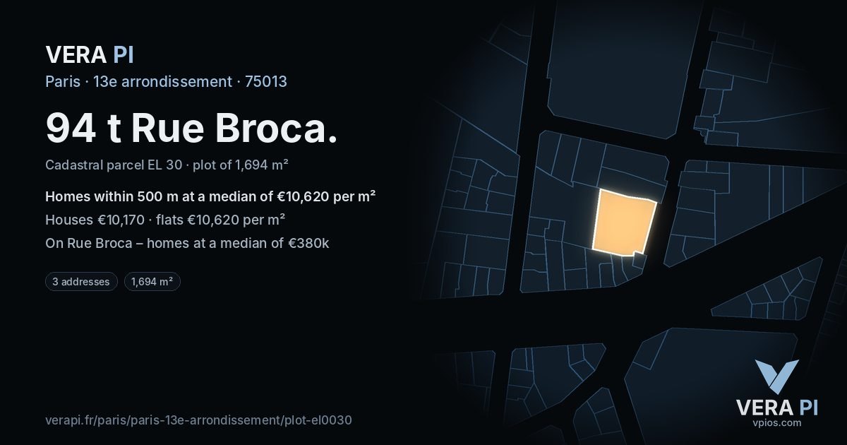 94 t Rue Broca, 13e arrondissement at night – the plot lit, the parcels around coloured by the prices near them