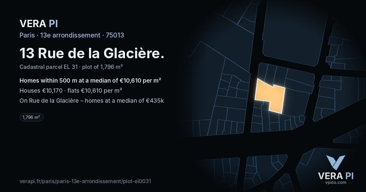 13 Rue de la Glacière, 13e arrondissement at night – the plot lit, the parcels around coloured by the prices near them