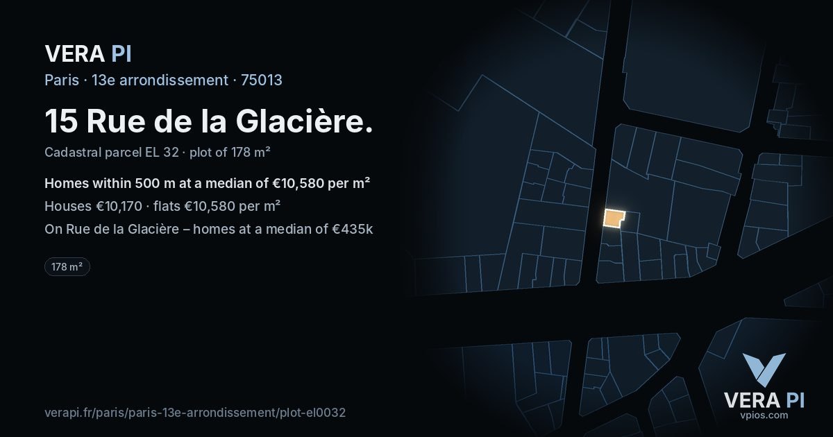 15 Rue de la Glacière, 13e arrondissement at night – the plot lit, the parcels around coloured by the prices near them