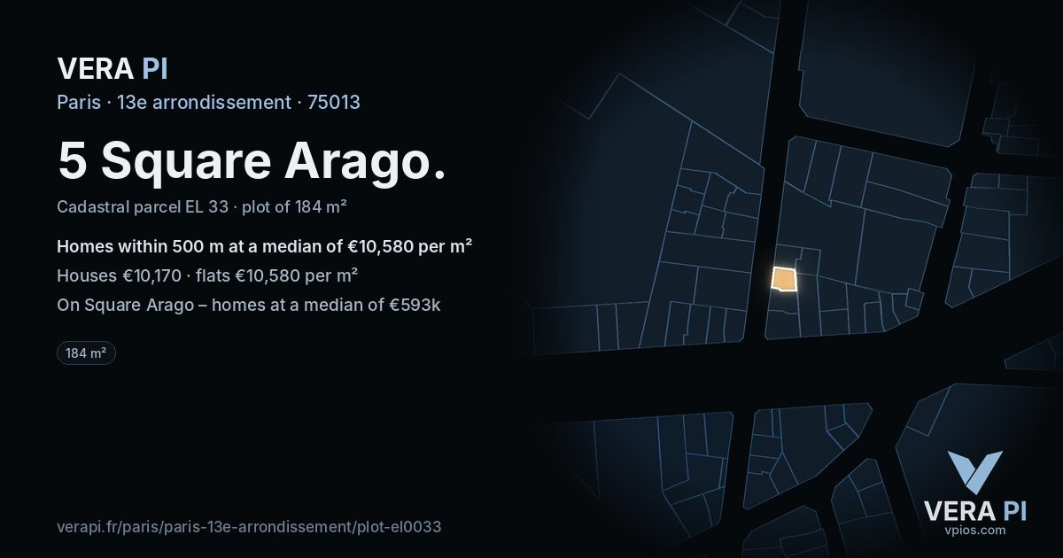 5 Square Arago, 13e arrondissement at night – the plot lit, the parcels around coloured by the prices near them