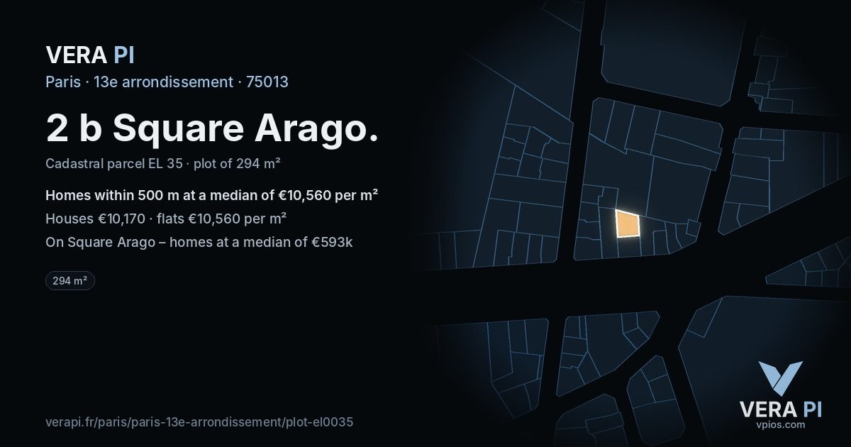 2 b Square Arago, 13e arrondissement at night – the plot lit, the parcels around coloured by the prices near them