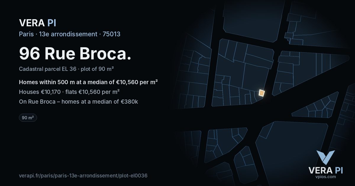 96 Rue Broca, 13e arrondissement at night – the plot lit, the parcels around coloured by the prices near them