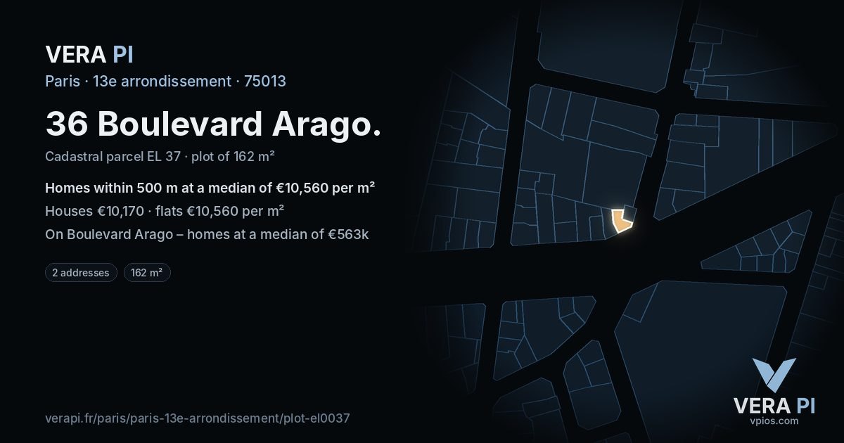 36 Boulevard Arago, 13e arrondissement at night – the plot lit, the parcels around coloured by the prices near them