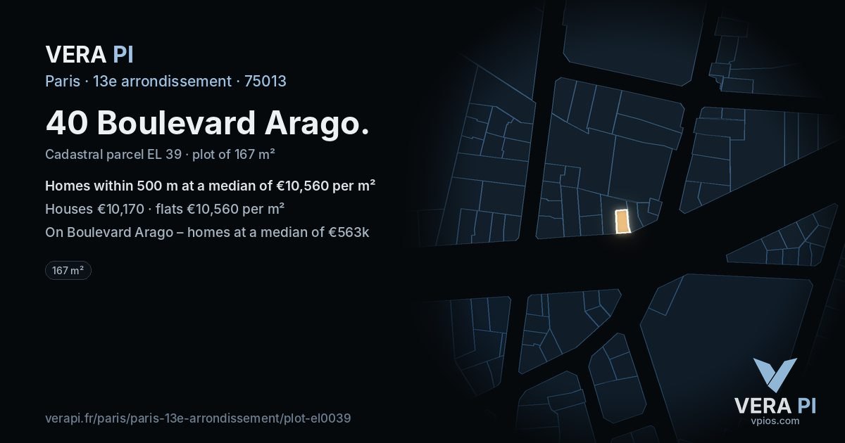 40 Boulevard Arago, 13e arrondissement at night – the plot lit, the parcels around coloured by the prices near them