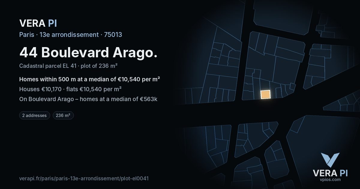 44 Boulevard Arago, 13e arrondissement at night – the plot lit, the parcels around coloured by the prices near them
