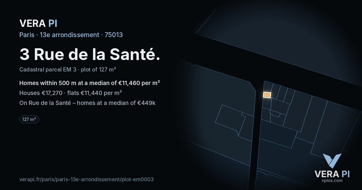 3 Rue de la Santé, 13e arrondissement at night – the plot lit, the parcels around coloured by the prices near them