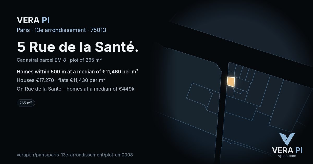 5 Rue de la Santé, 13e arrondissement at night – the plot lit, the parcels around coloured by the prices near them