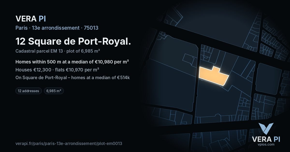 12 Square de Port-Royal, 13e arrondissement at night – the plot lit, the parcels around coloured by the prices near them
