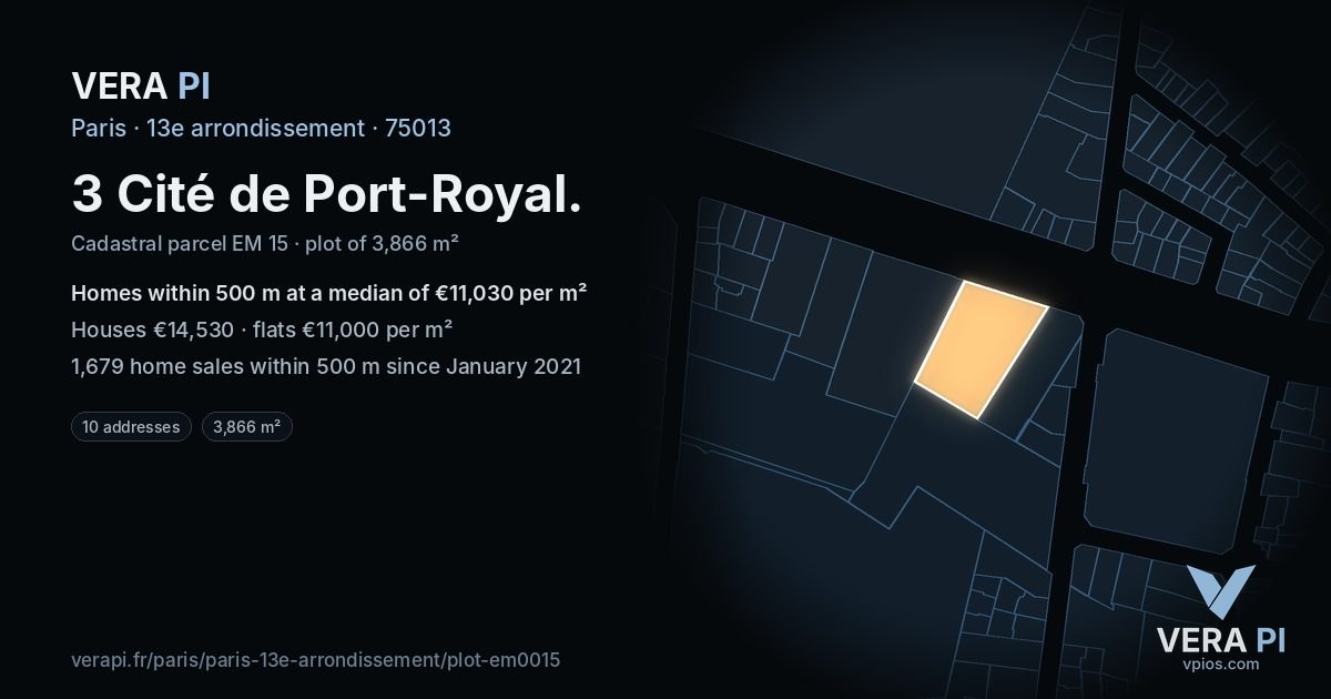 3 Cité de Port-Royal, 13e arrondissement at night – the plot lit, the parcels around coloured by the prices near them