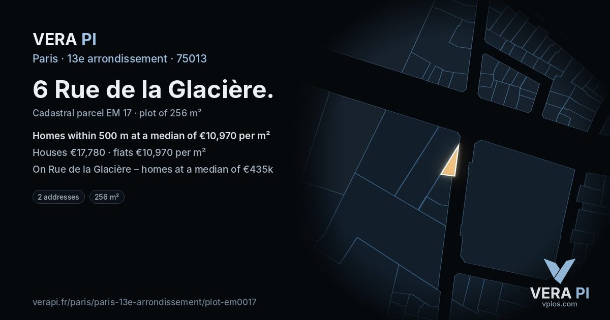6 Rue de la Glacière, 13e arrondissement at night – the plot lit, the parcels around coloured by the prices near them