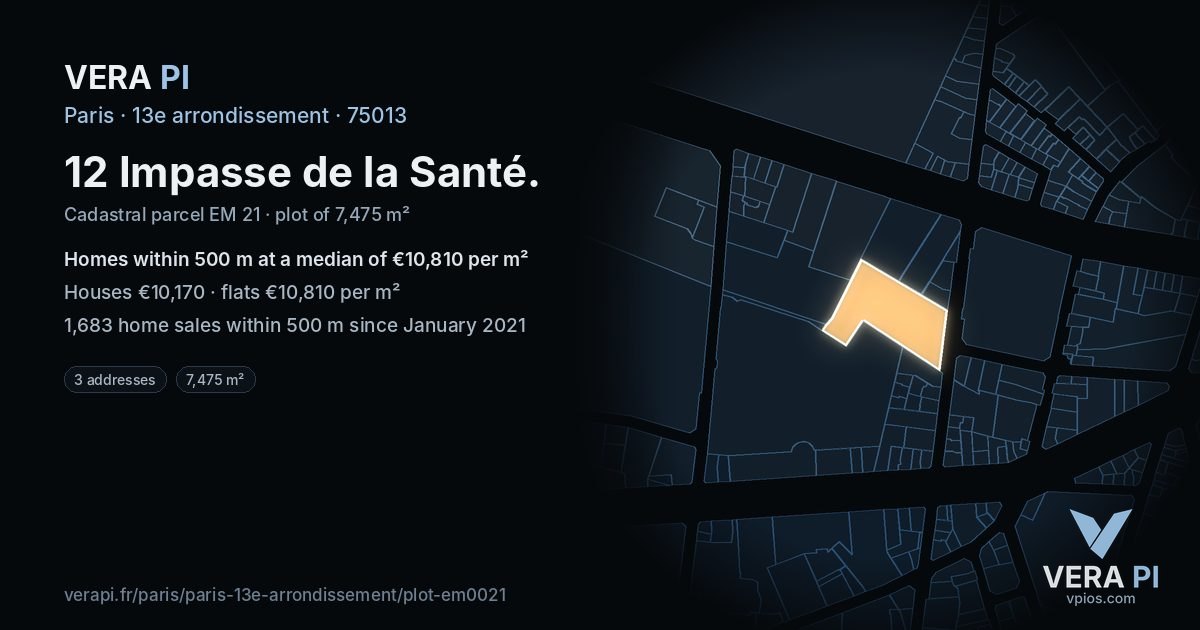 12 Impasse de la Santé, 13e arrondissement at night – the plot lit, the parcels around coloured by the prices near them