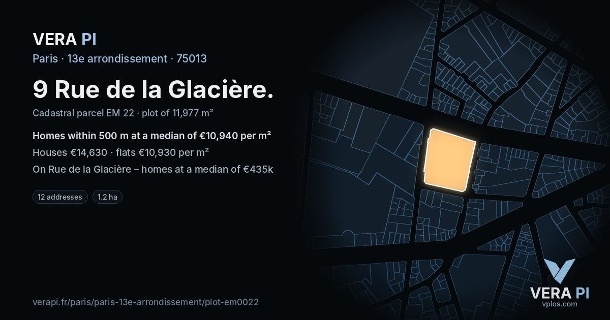 9 Rue de la Glacière, 13e arrondissement at night – the plot lit, the parcels around coloured by the prices near them