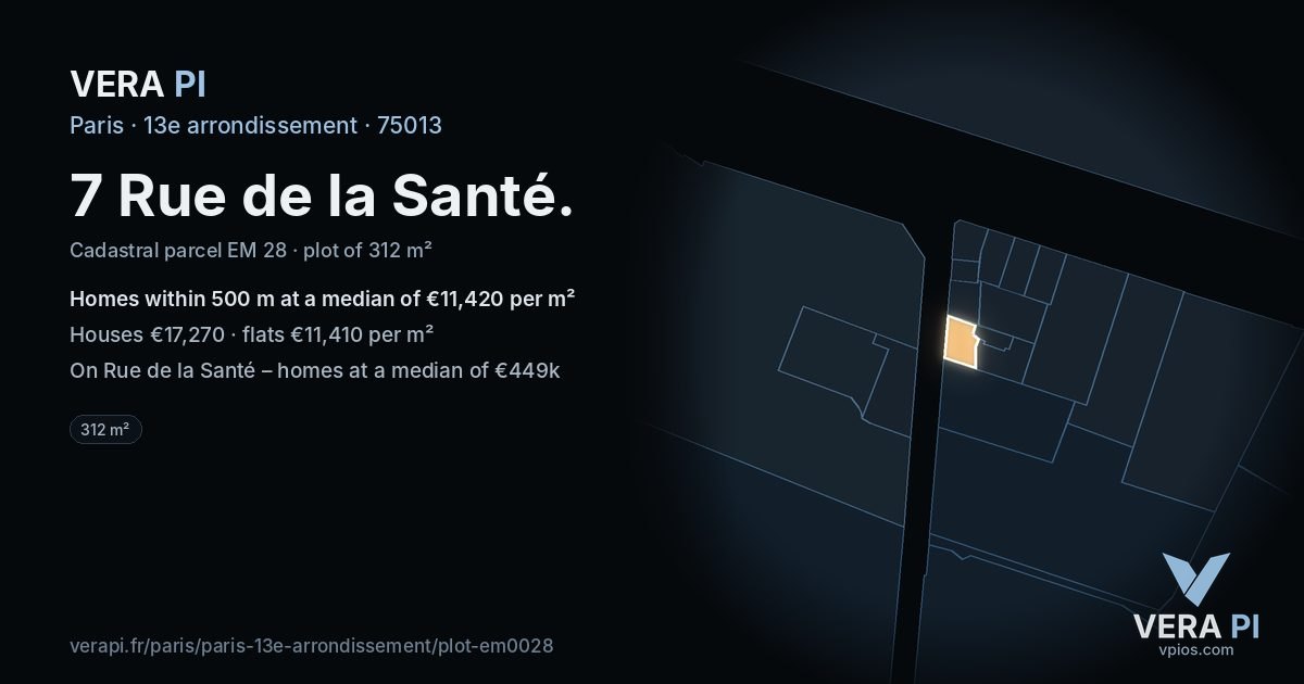 7 Rue de la Santé, 13e arrondissement at night – the plot lit, the parcels around coloured by the prices near them