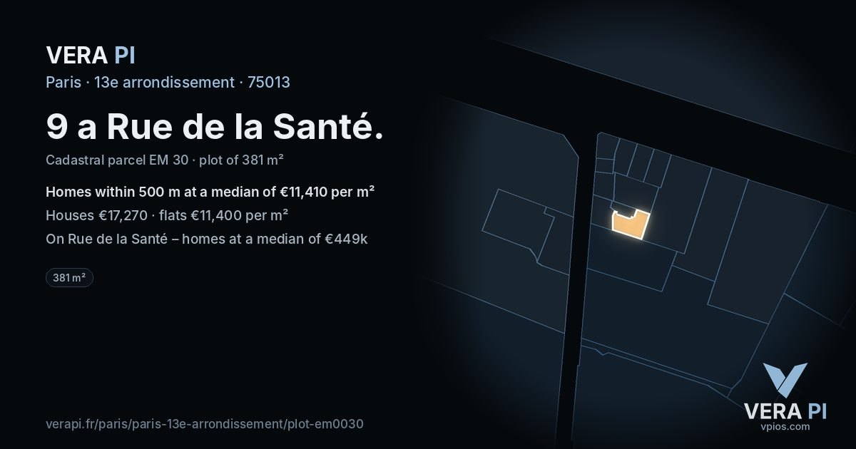9 a Rue de la Santé, 13e arrondissement at night – the plot lit, the parcels around coloured by the prices near them