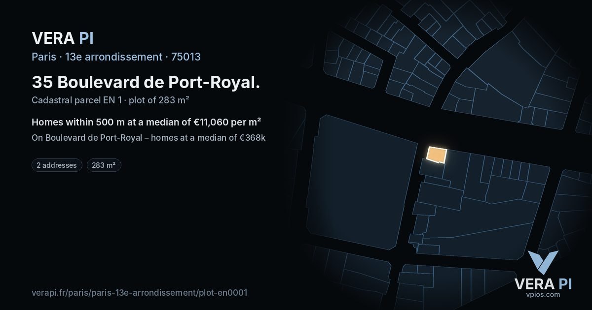 35 Boulevard de Port-Royal, 13e arrondissement at night – the plot lit, the parcels around coloured by the prices near them