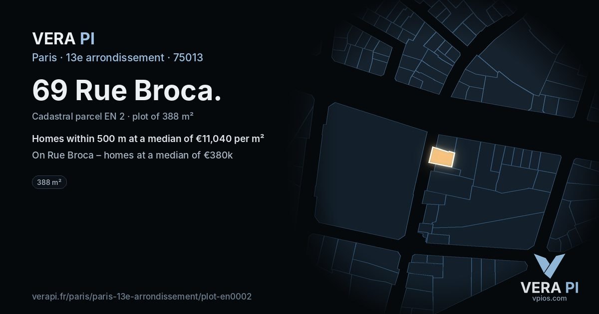 69 Rue Broca, 13e arrondissement at night – the plot lit, the parcels around coloured by the prices near them