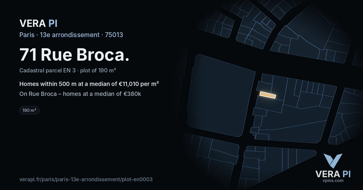 71 Rue Broca, 13e arrondissement at night – the plot lit, the parcels around coloured by the prices near them
