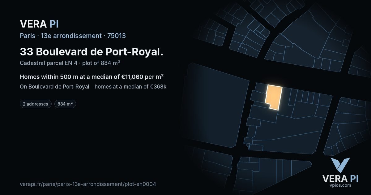 33 Boulevard de Port-Royal, 13e arrondissement at night – the plot lit, the parcels around coloured by the prices near them