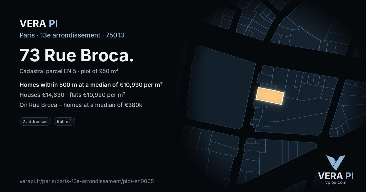 73 Rue Broca, 13e arrondissement at night – the plot lit, the parcels around coloured by the prices near them