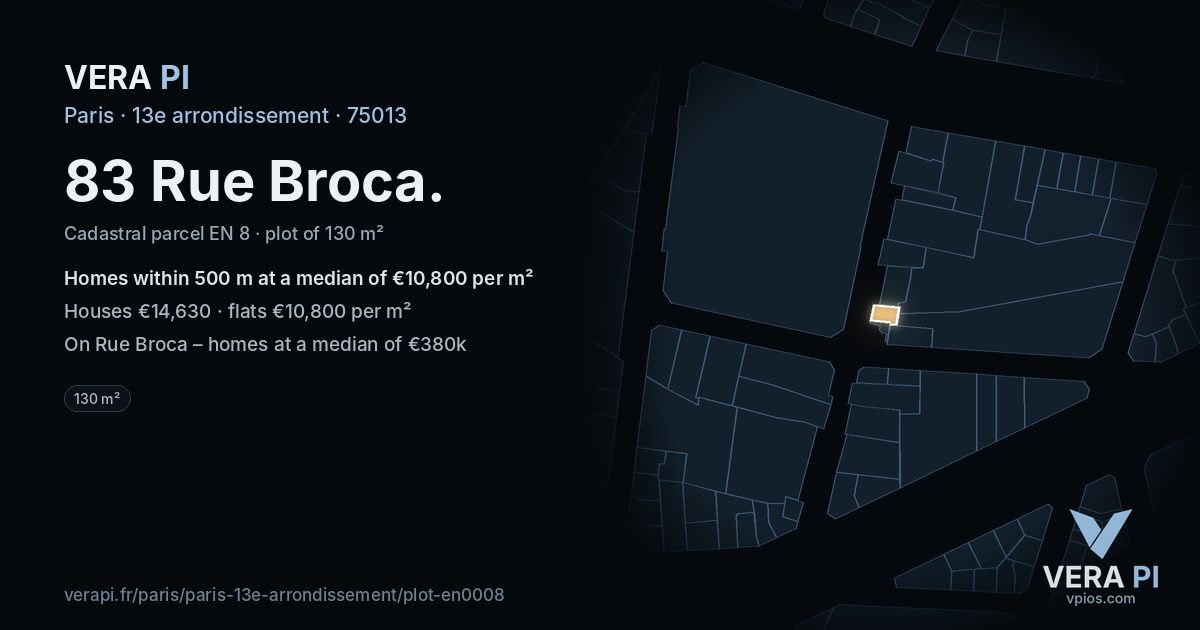 83 Rue Broca, 13e arrondissement at night – the plot lit, the parcels around coloured by the prices near them