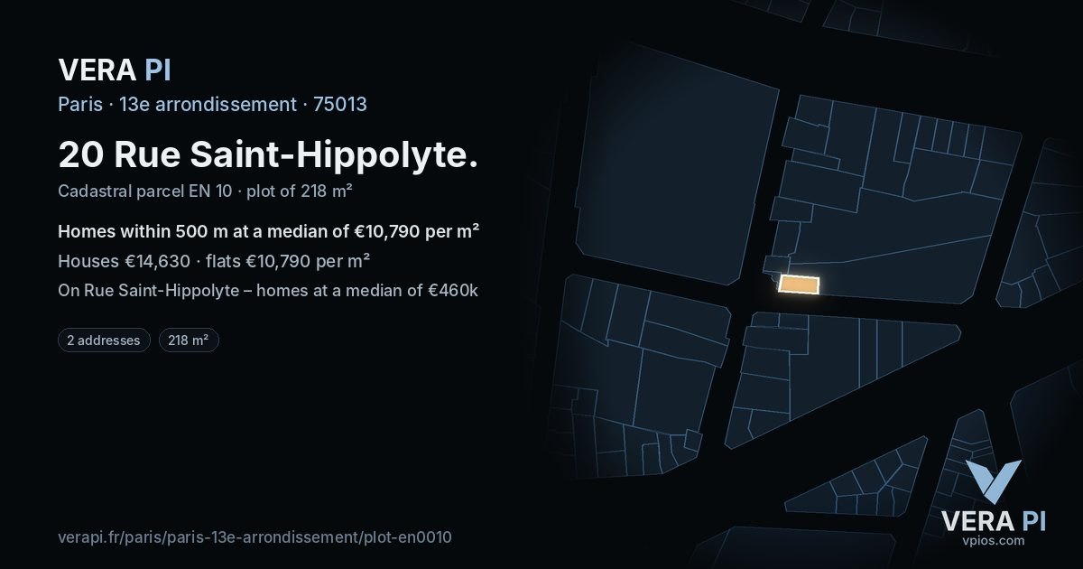 20 Rue Saint-Hippolyte, 13e arrondissement at night – the plot lit, the parcels around coloured by the prices near them