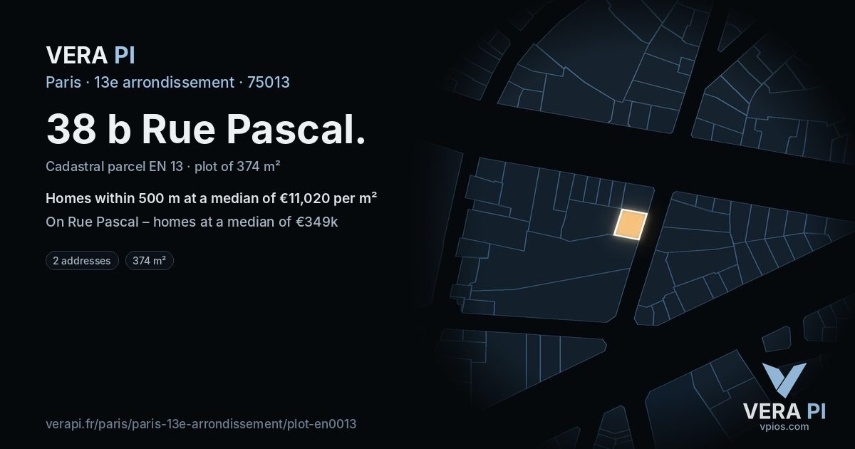 38 b Rue Pascal, 13e arrondissement at night – the plot lit, the parcels around coloured by the prices near them