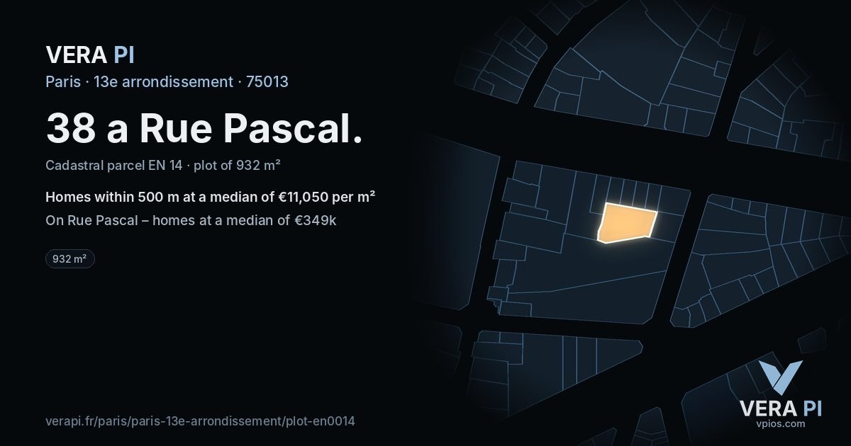 38 a Rue Pascal, 13e arrondissement at night – the plot lit, the parcels around coloured by the prices near them