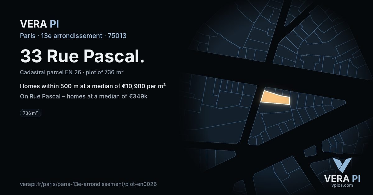 33 Rue Pascal, 13e arrondissement at night – the plot lit, the parcels around coloured by the prices near them