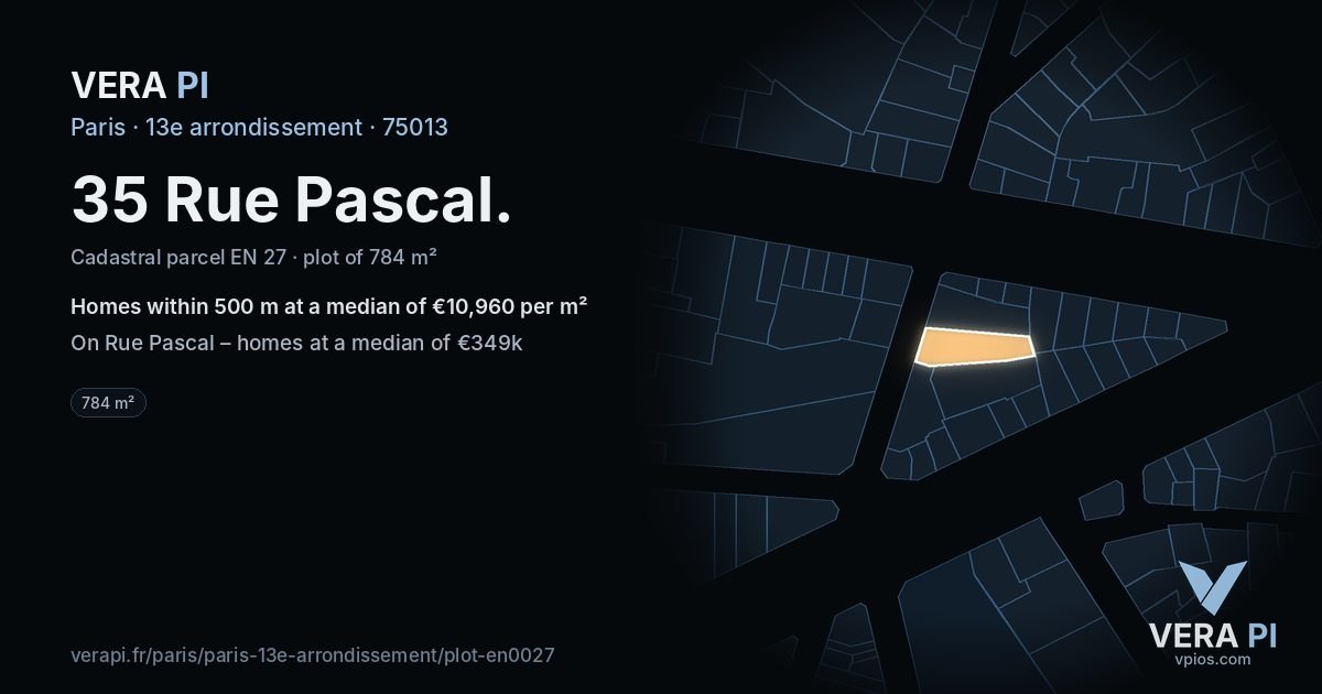 35 Rue Pascal, 13e arrondissement at night – the plot lit, the parcels around coloured by the prices near them