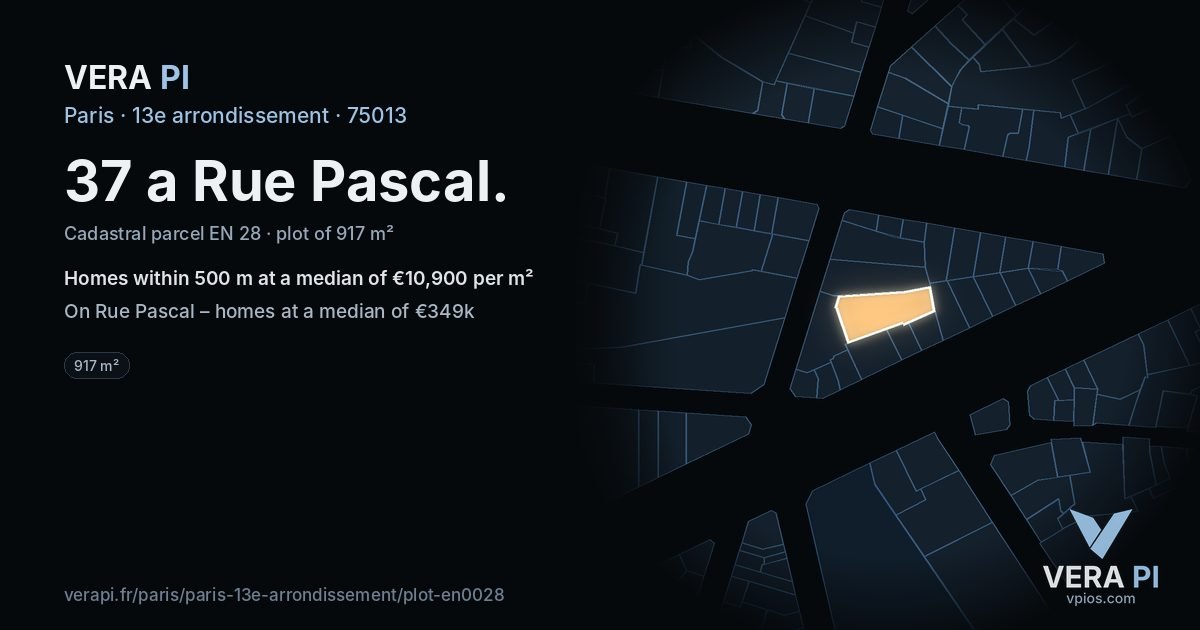 37 a Rue Pascal, 13e arrondissement at night – the plot lit, the parcels around coloured by the prices near them