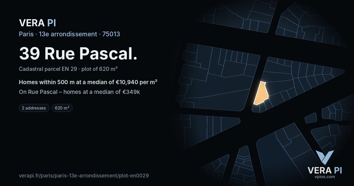 39 Rue Pascal, 13e arrondissement at night – the plot lit, the parcels around coloured by the prices near them