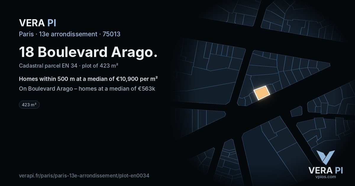 18 Boulevard Arago, 13e arrondissement at night – the plot lit, the parcels around coloured by the prices near them
