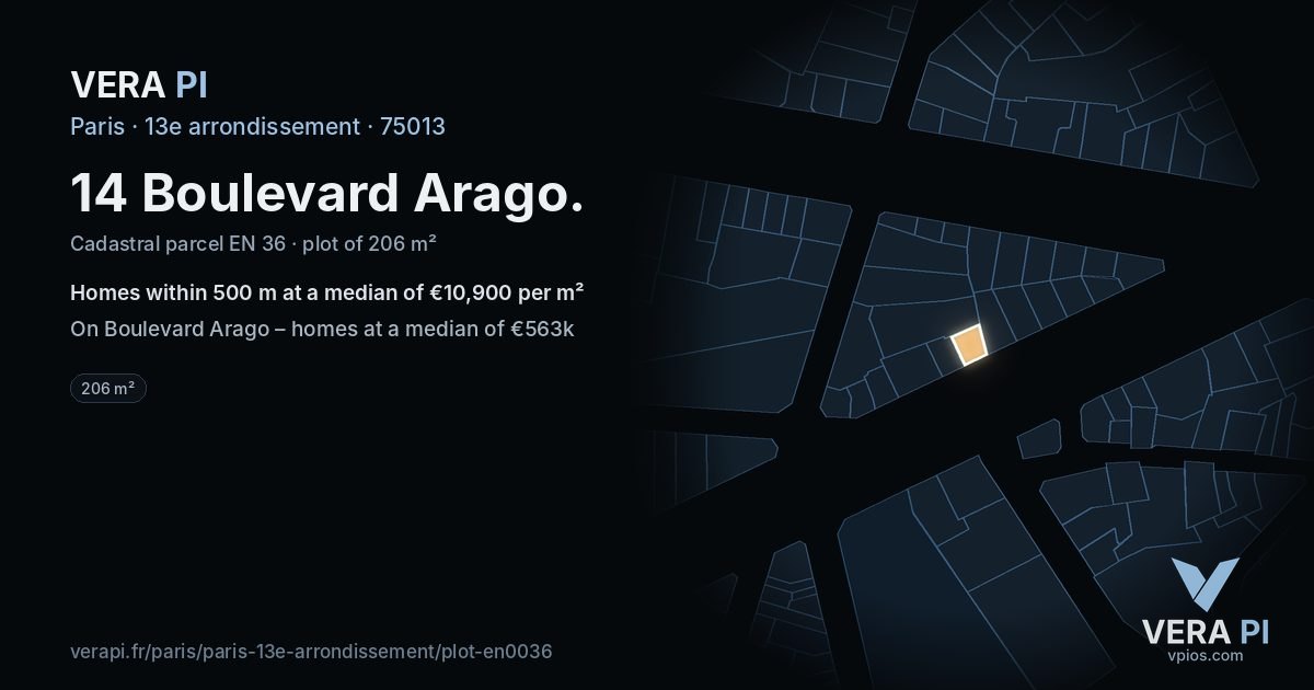 14 Boulevard Arago, 13e arrondissement at night – the plot lit, the parcels around coloured by the prices near them