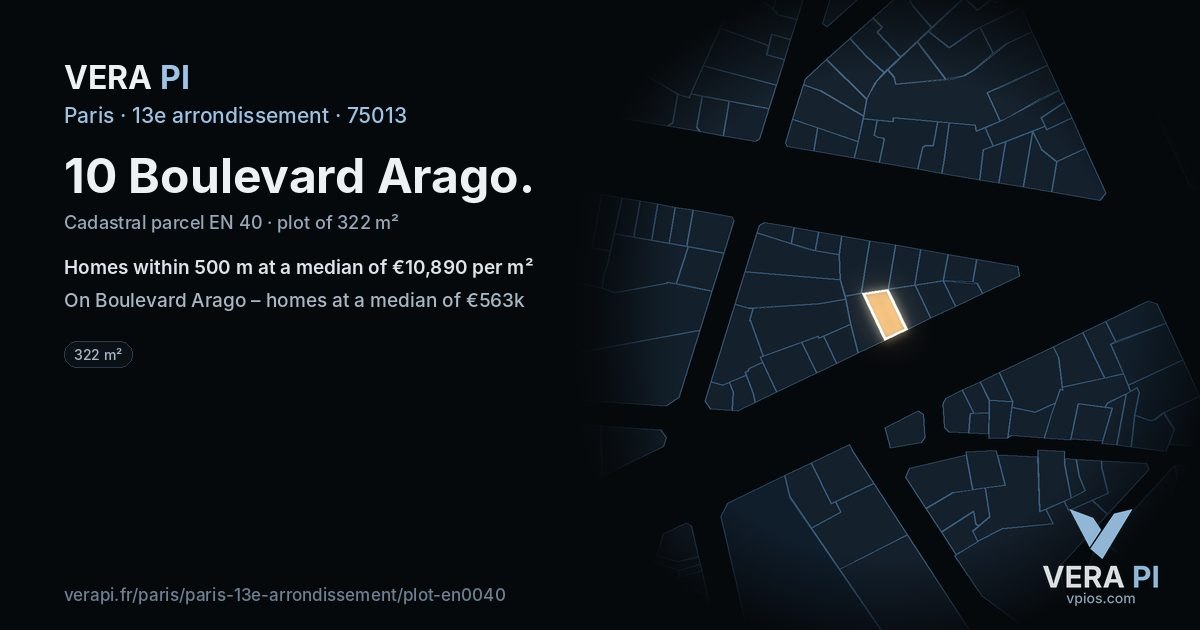 10 Boulevard Arago, 13e arrondissement at night – the plot lit, the parcels around coloured by the prices near them