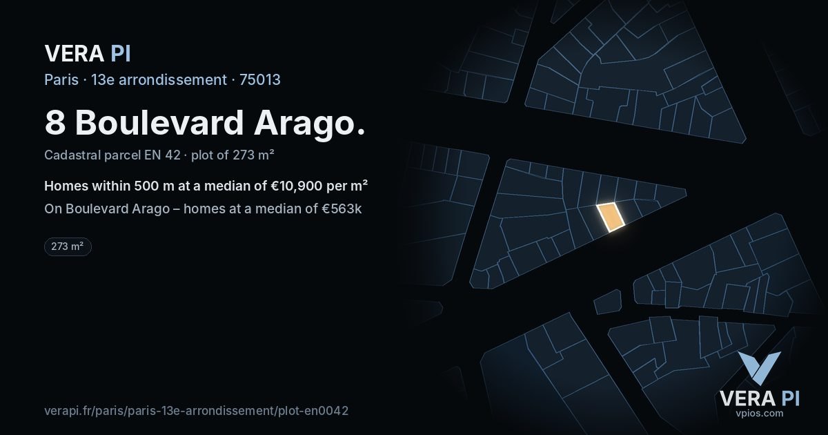 8 Boulevard Arago, 13e arrondissement at night – the plot lit, the parcels around coloured by the prices near them