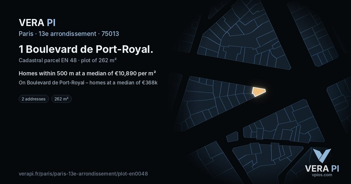 1 Boulevard de Port-Royal, 13e arrondissement at night – the plot lit, the parcels around coloured by the prices near them
