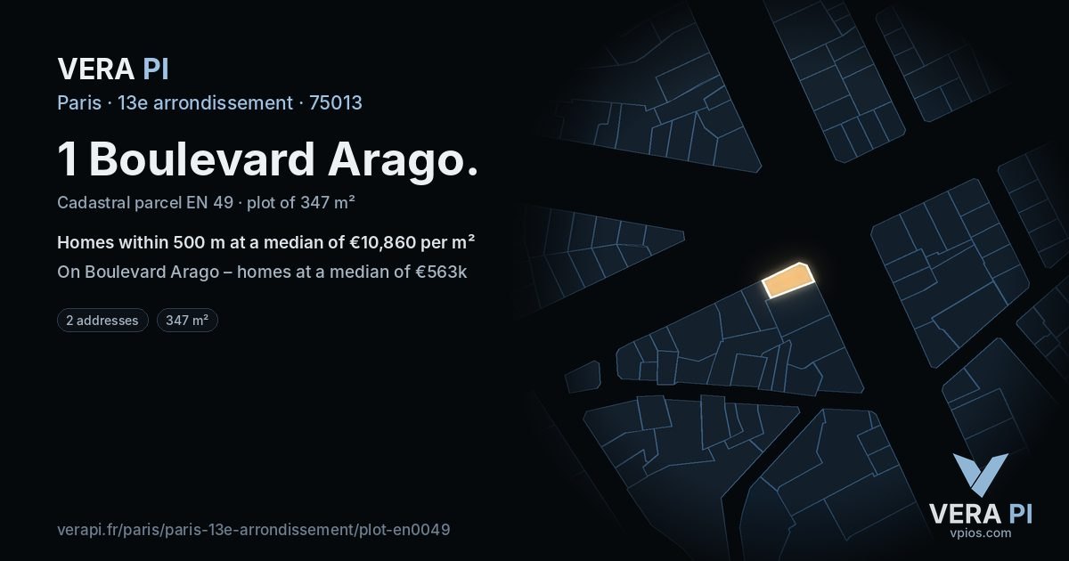 1 Boulevard Arago, 13e arrondissement at night – the plot lit, the parcels around coloured by the prices near them