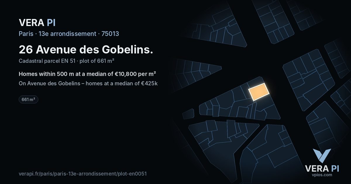 26 Avenue des Gobelins, 13e arrondissement at night – the plot lit, the parcels around coloured by the prices near them